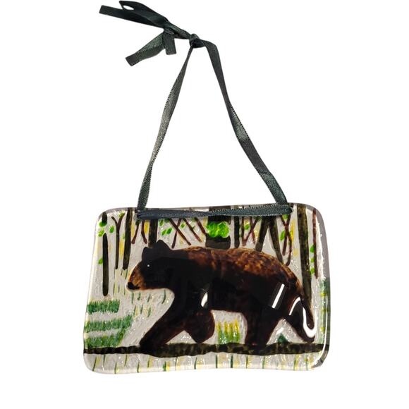 Glass Bear in The Woods Suncatcher Ornament 4" x 3" Brown Green - Picture 1 of 8